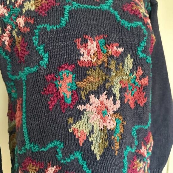 Vintage Floral Chunky Knit Sweater Blue Multi Crystal Kobe Size M Cotton Ramie - Picture 2 of 6